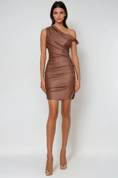 Aquaria Ruch Twist Asymmetric Leather Mini Dress in Brown
