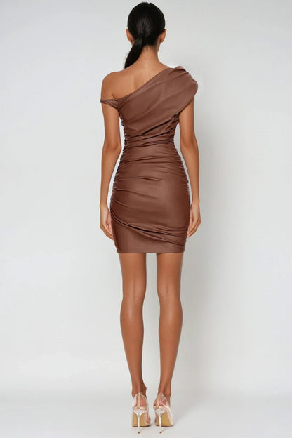 Aquaria Ruch Twist Asymmetric Leather Mini Dress in Brown