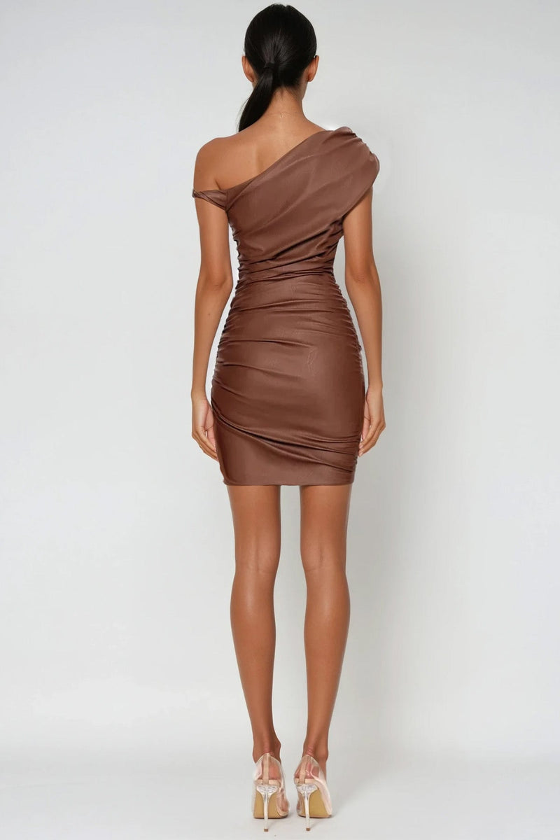Aquaria Ruch Twist Asymmetric Leather Mini Dress in Brown