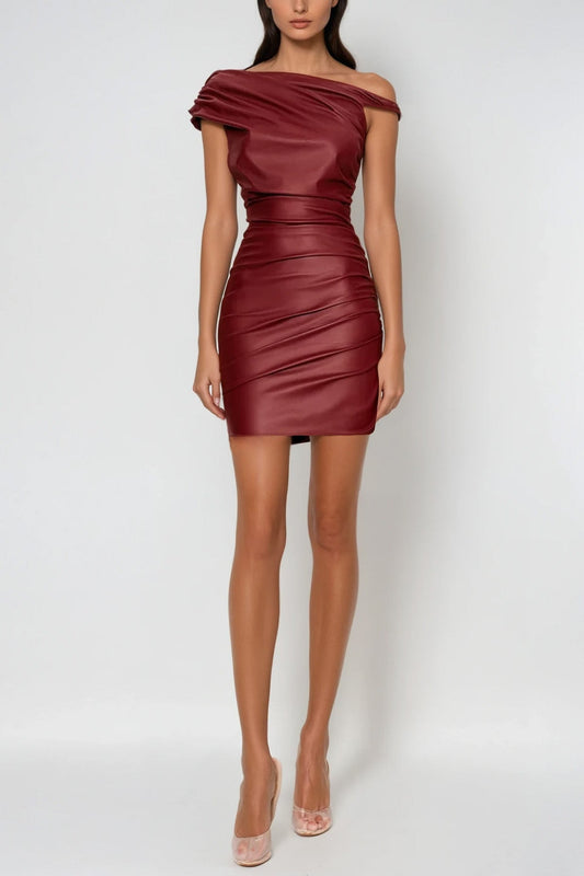 Aquaria Ruch Twist Asymmetric Leather Mini Dress in Red