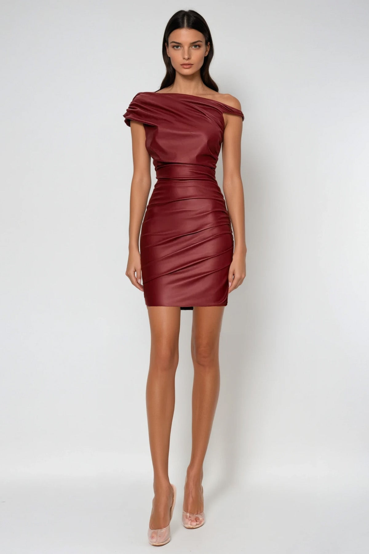 Aquaria Ruch Twist Asymmetric Leather Mini Dress in Red