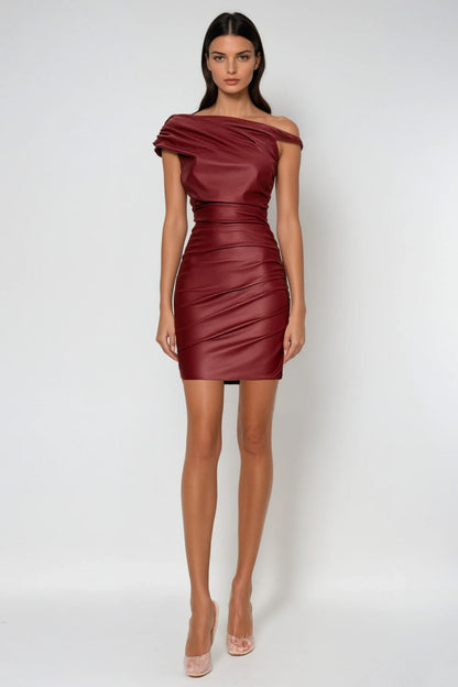 Aquaria Ruch Twist Asymmetric Leather Mini Dress in Red
