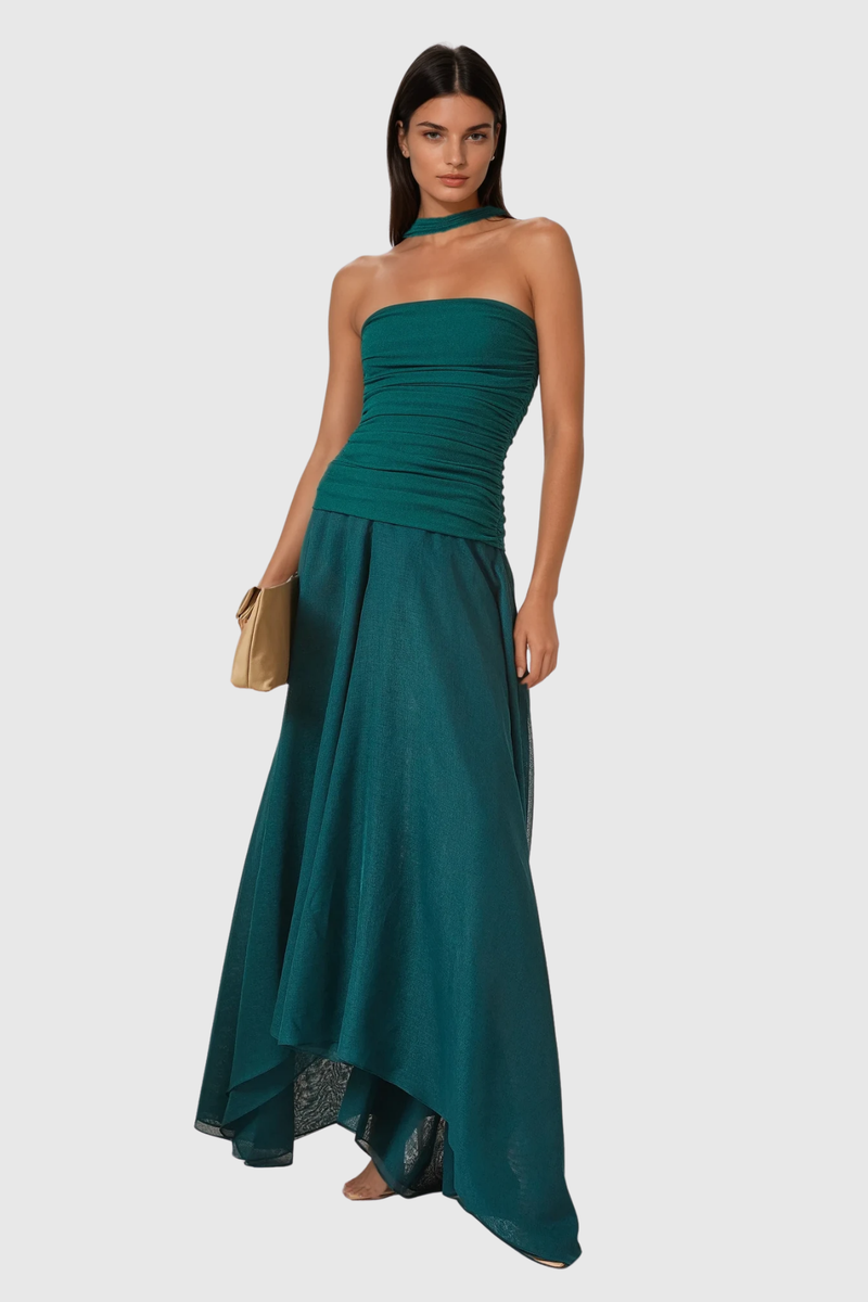 Aquinnah Halter Neck Mesh Ruffle Maxi Dress