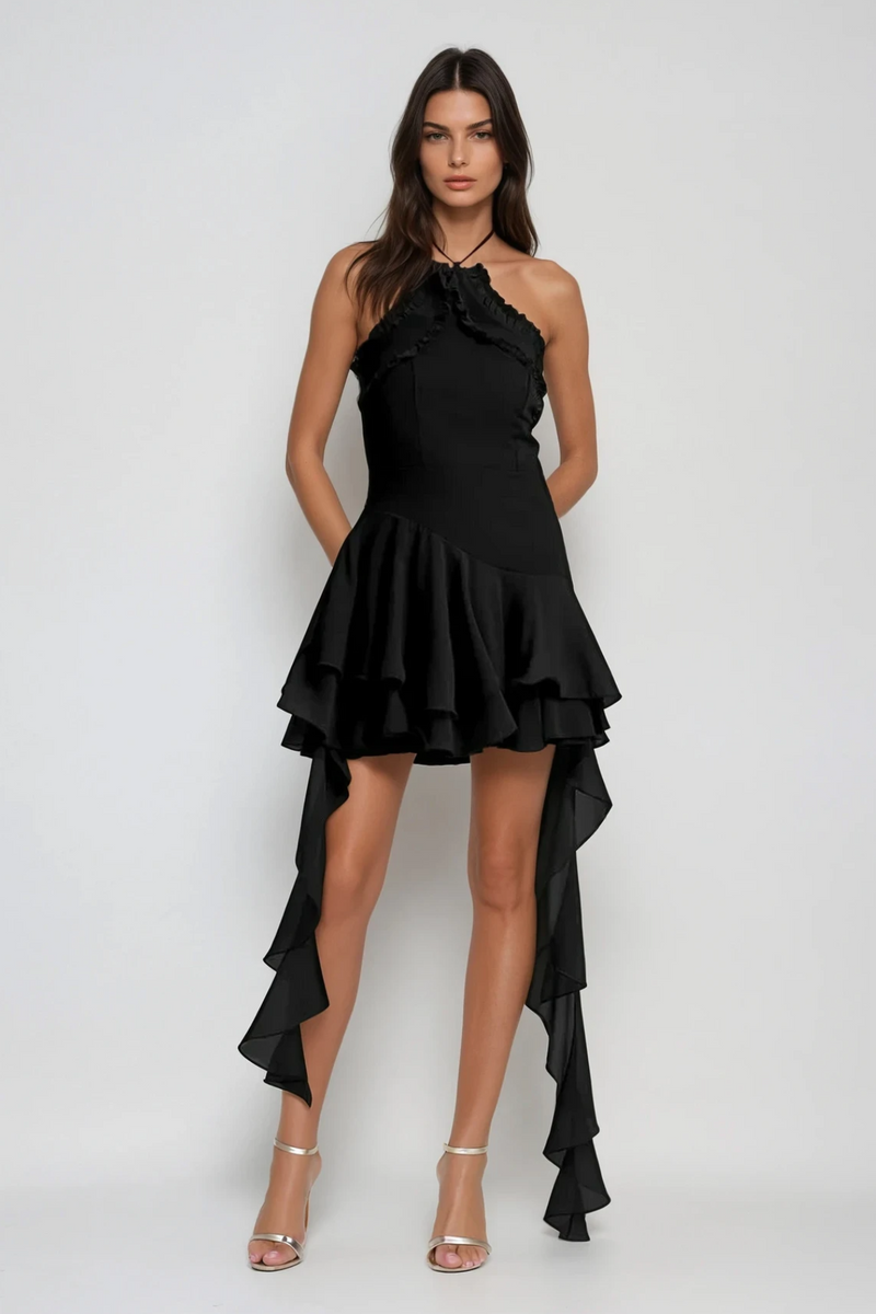 Aracely Halter Neck Mesh Ruffle Fringe Mini Dress in Black