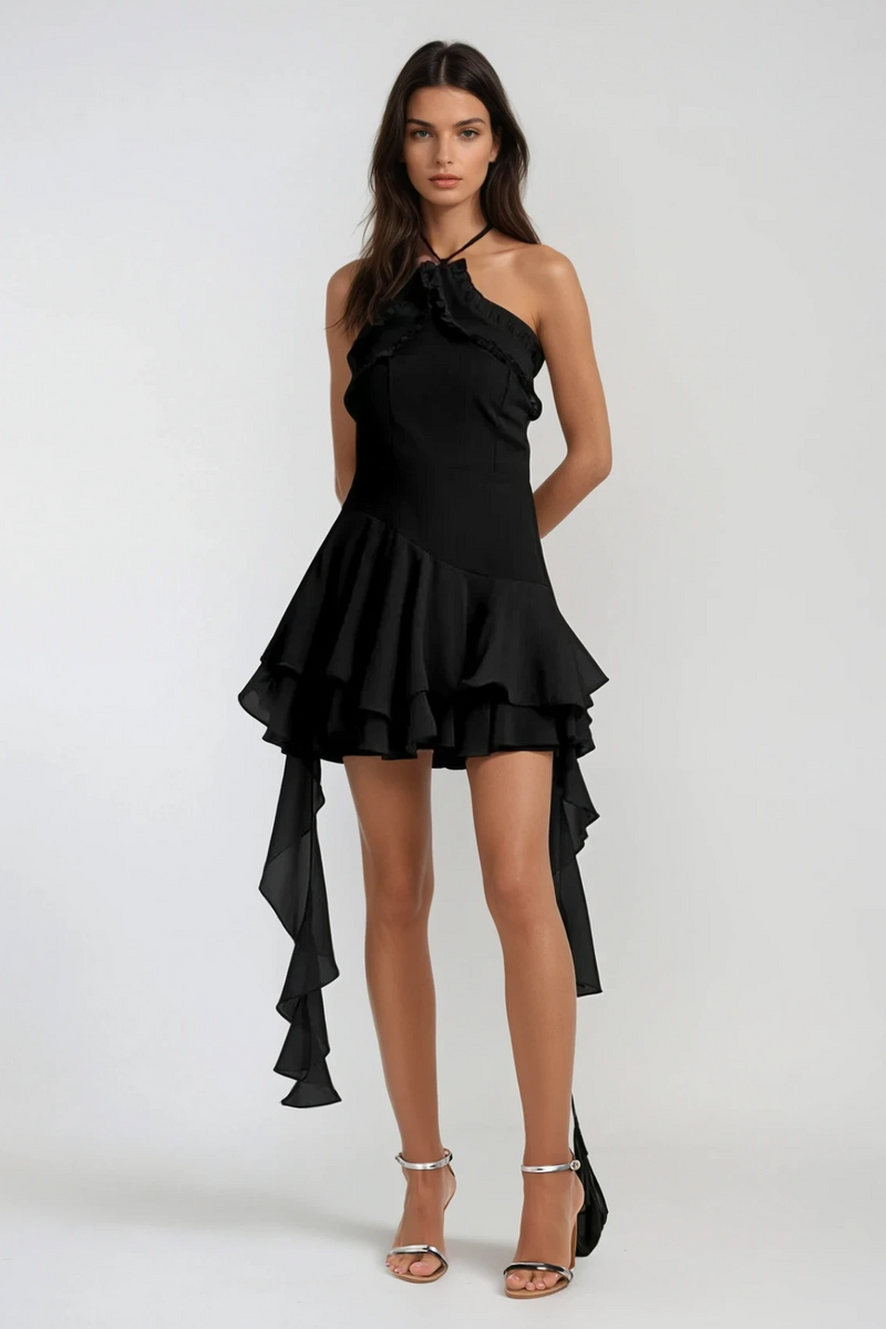 Aracely Halter Neck Mesh Ruffle Fringe Mini Dress in Black