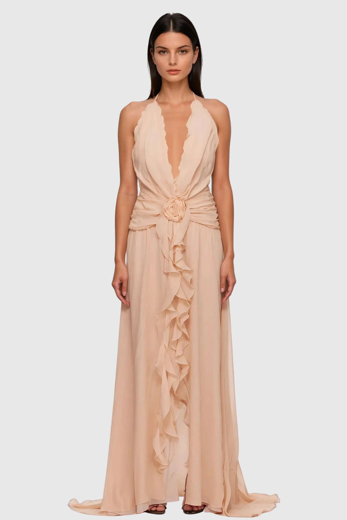 Aradhya Flower Ruffle Halter Neck Mesh Maxi Dress in Pink