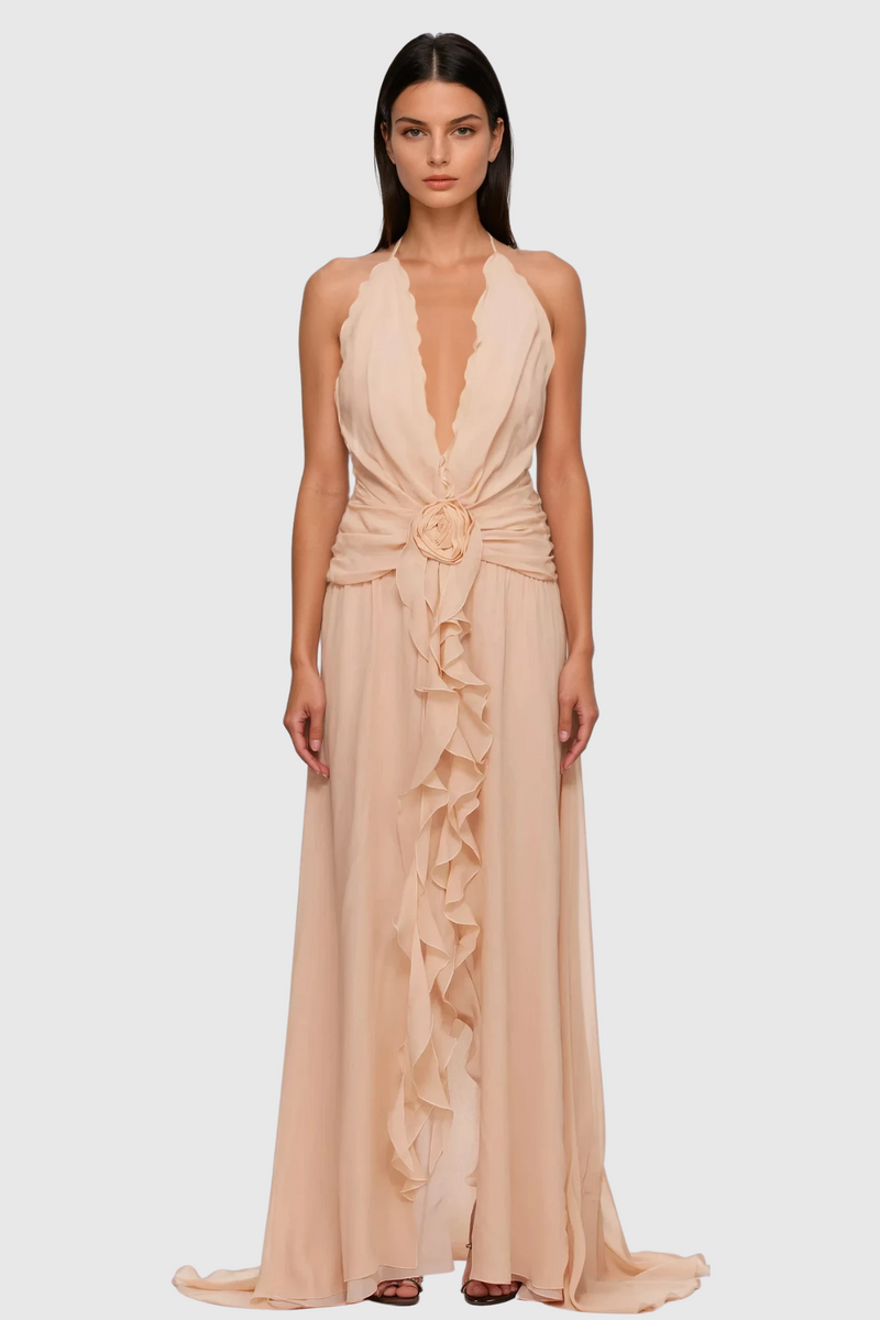 Aradhya Flower Ruffle Halter Neck Mesh Maxi Dress in Pink