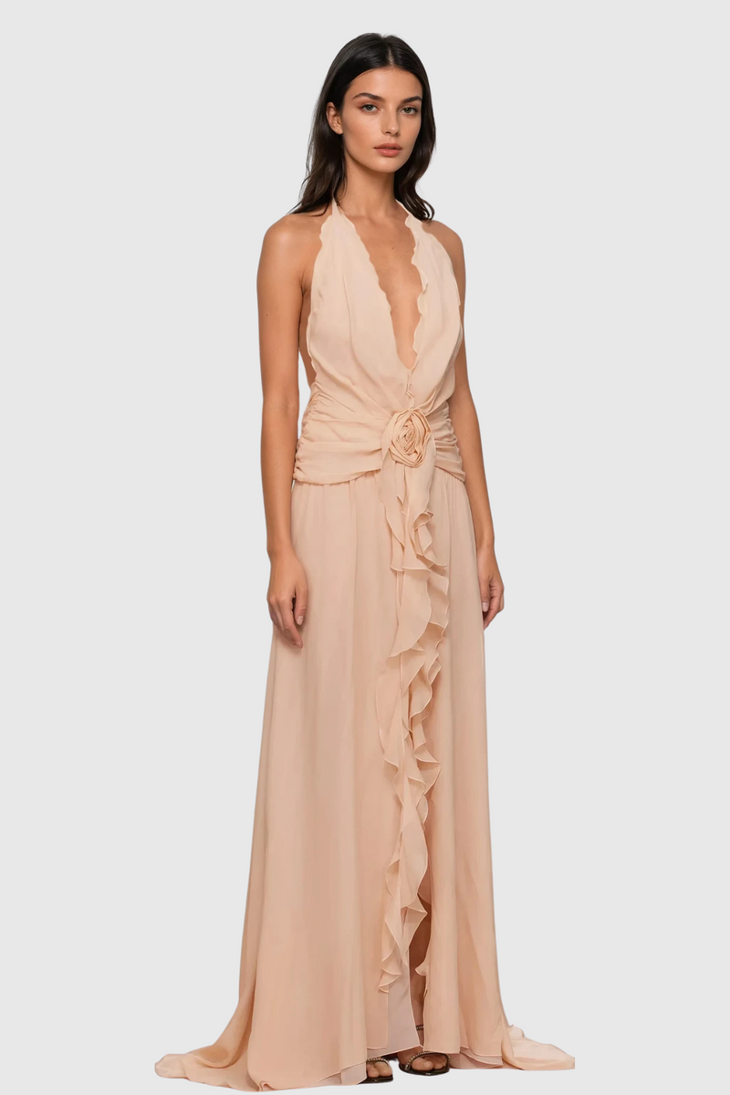 Aradhya Flower Ruffle Halter Neck Mesh Maxi Dress in Pink