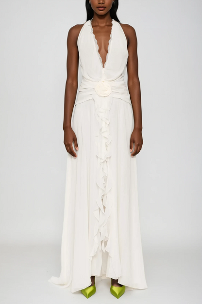 Aradhya Flower Ruffle Halter Neck Mesh Maxi Dress in White