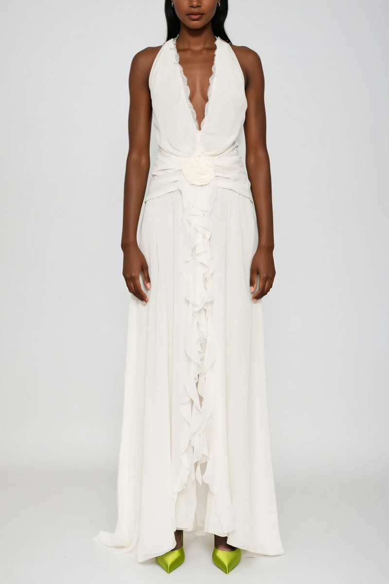 Aradhya Flower Ruffle Halter Neck Mesh Maxi Dress in White