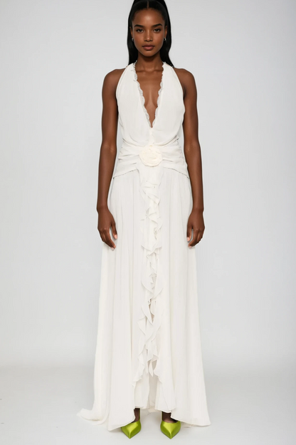 Aradhya Flower Ruffle Halter Neck Mesh Maxi Dress in White