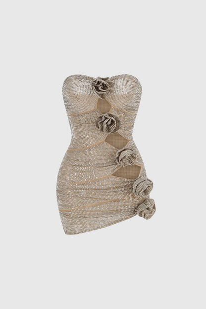 Aradia Rhinestone Cutout Flower Strapless Mini Dress