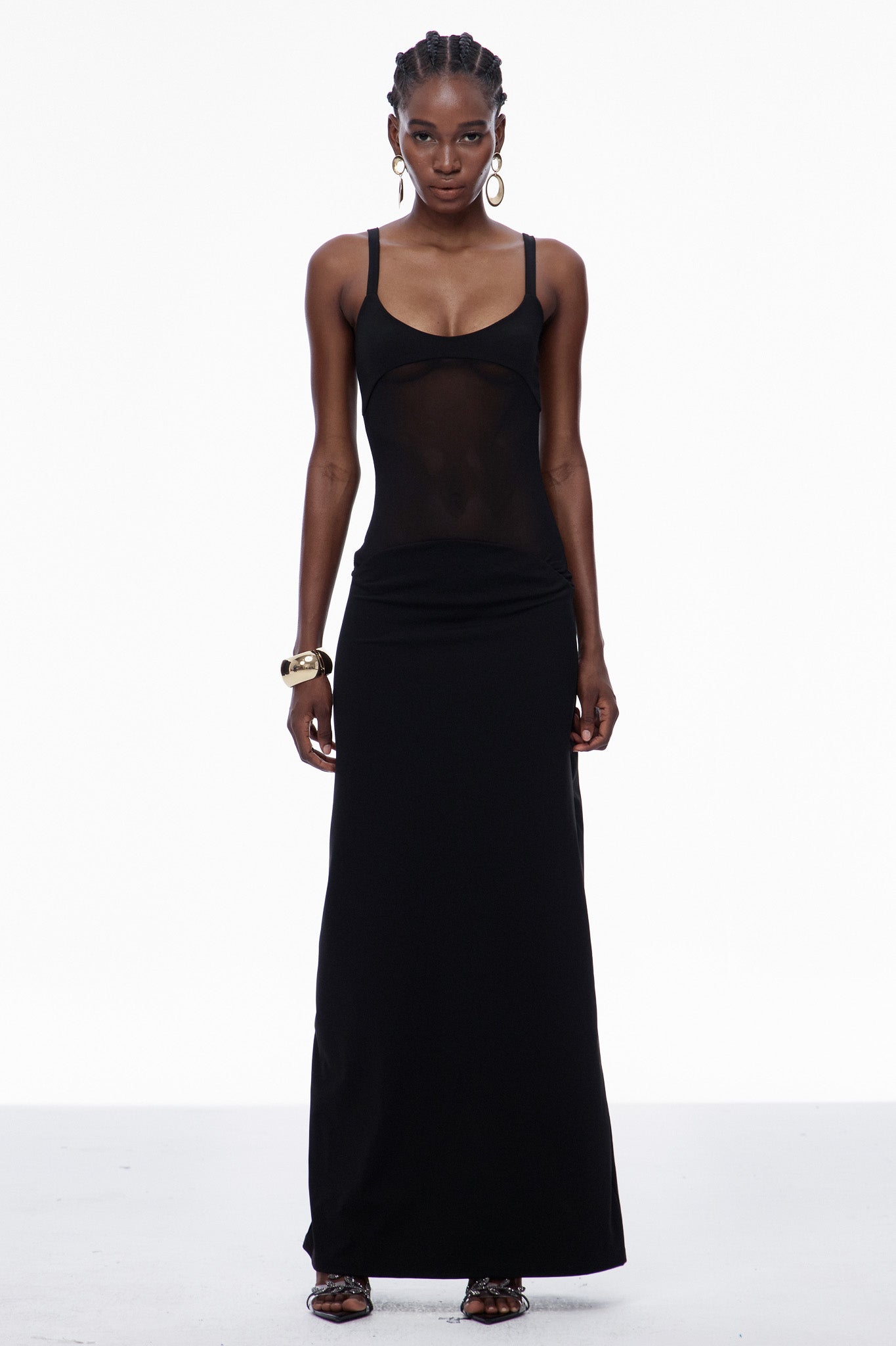 Aram Mesh Spaghetti Sleeveless Maxi Dress in Black