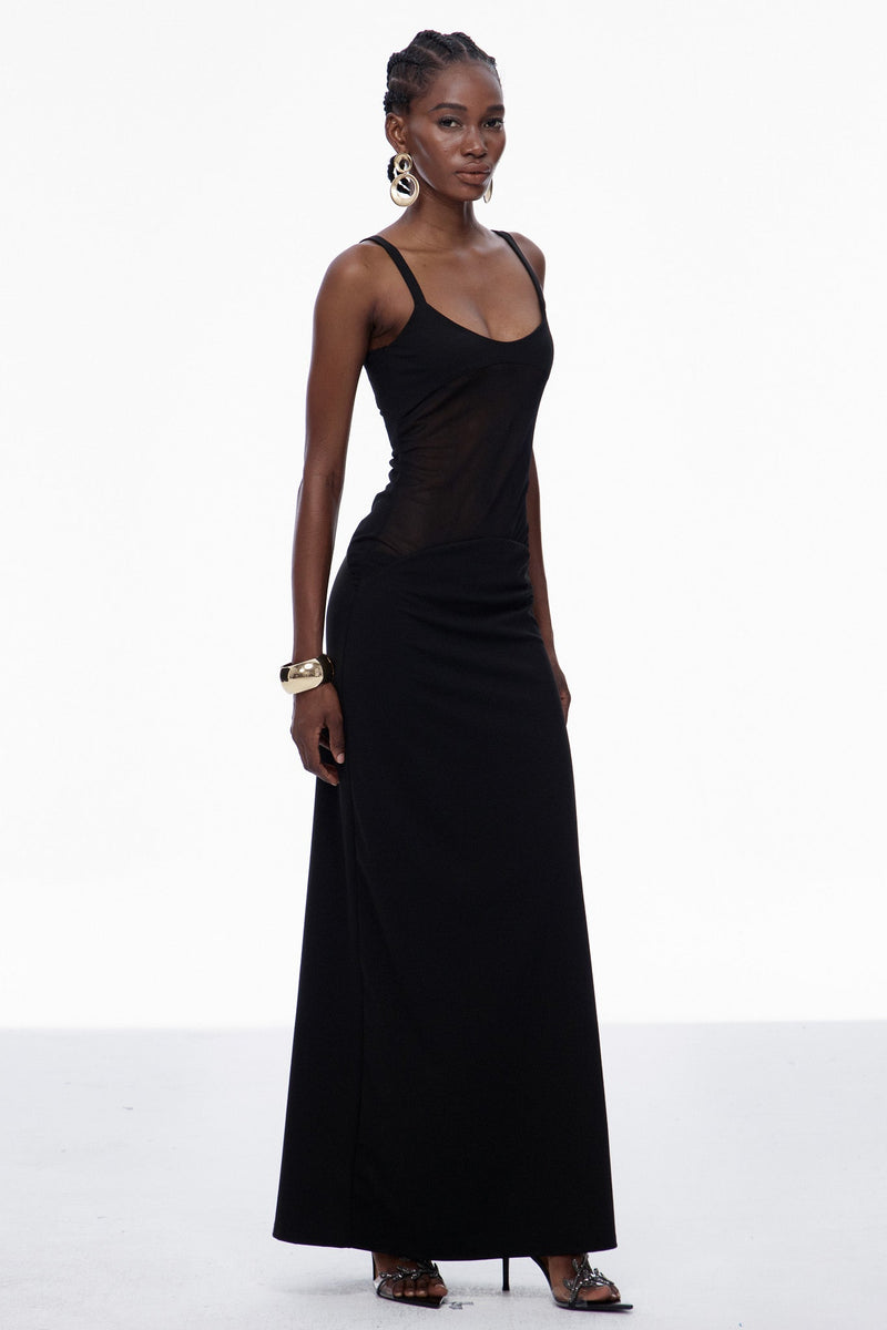 Aram Mesh Spaghetti Sleeveless Maxi Dress in Black