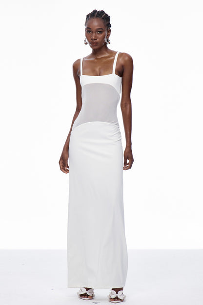 Aram Mesh Spaghetti Sleeveless Maxi Dress in White