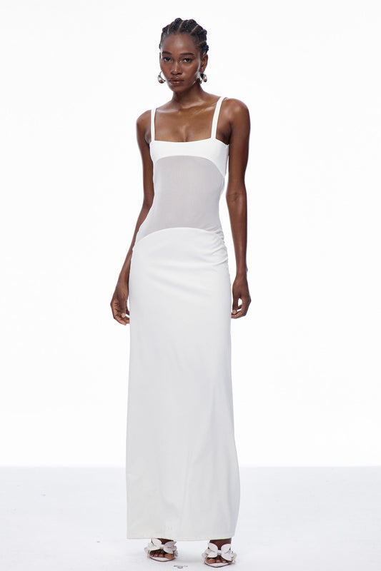 Aram Mesh Spaghetti Sleeveless Maxi Dress in White