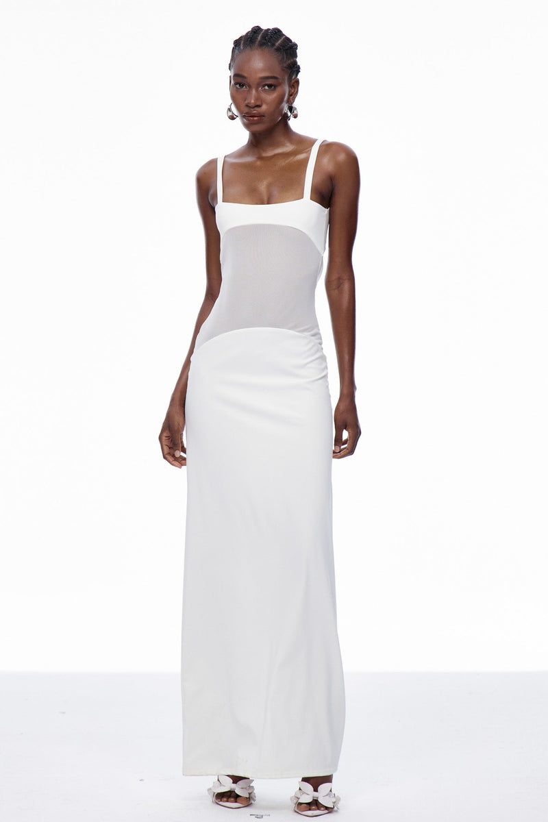 Aram Mesh Spaghetti Sleeveless Maxi Dress in White