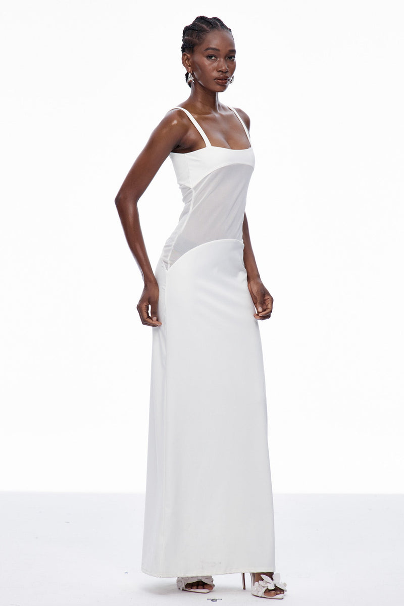 Aram Mesh Spaghetti Sleeveless Maxi Dress in White