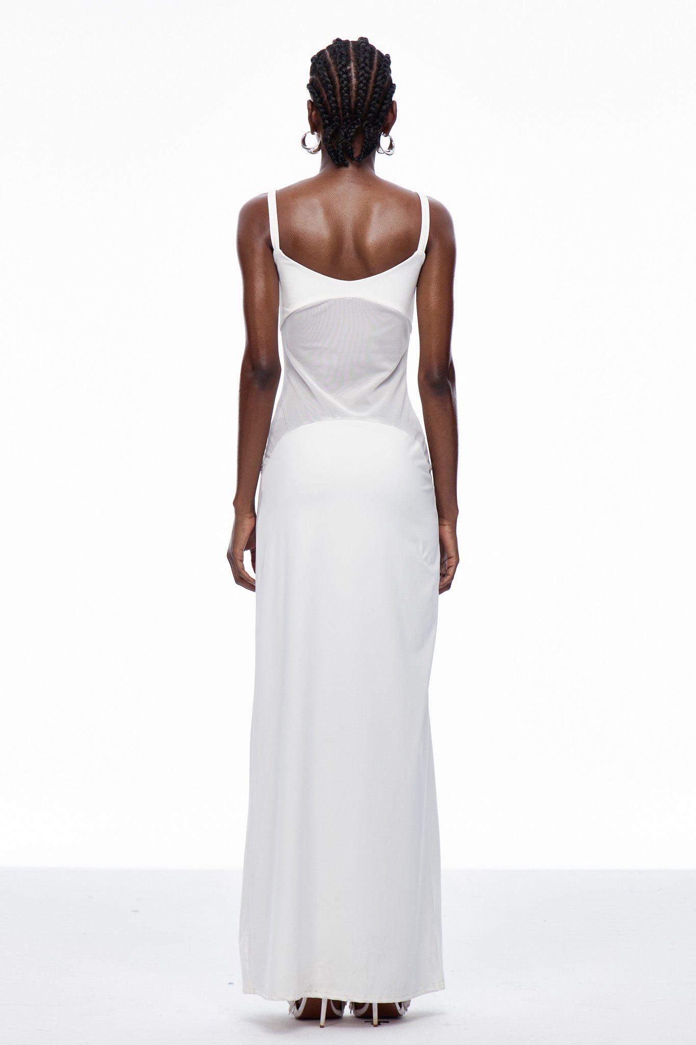 Aram Mesh Spaghetti Sleeveless Maxi Dress in White
