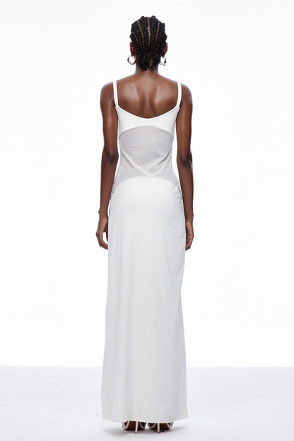 Aram Mesh Spaghetti Sleeveless Maxi Dress in White