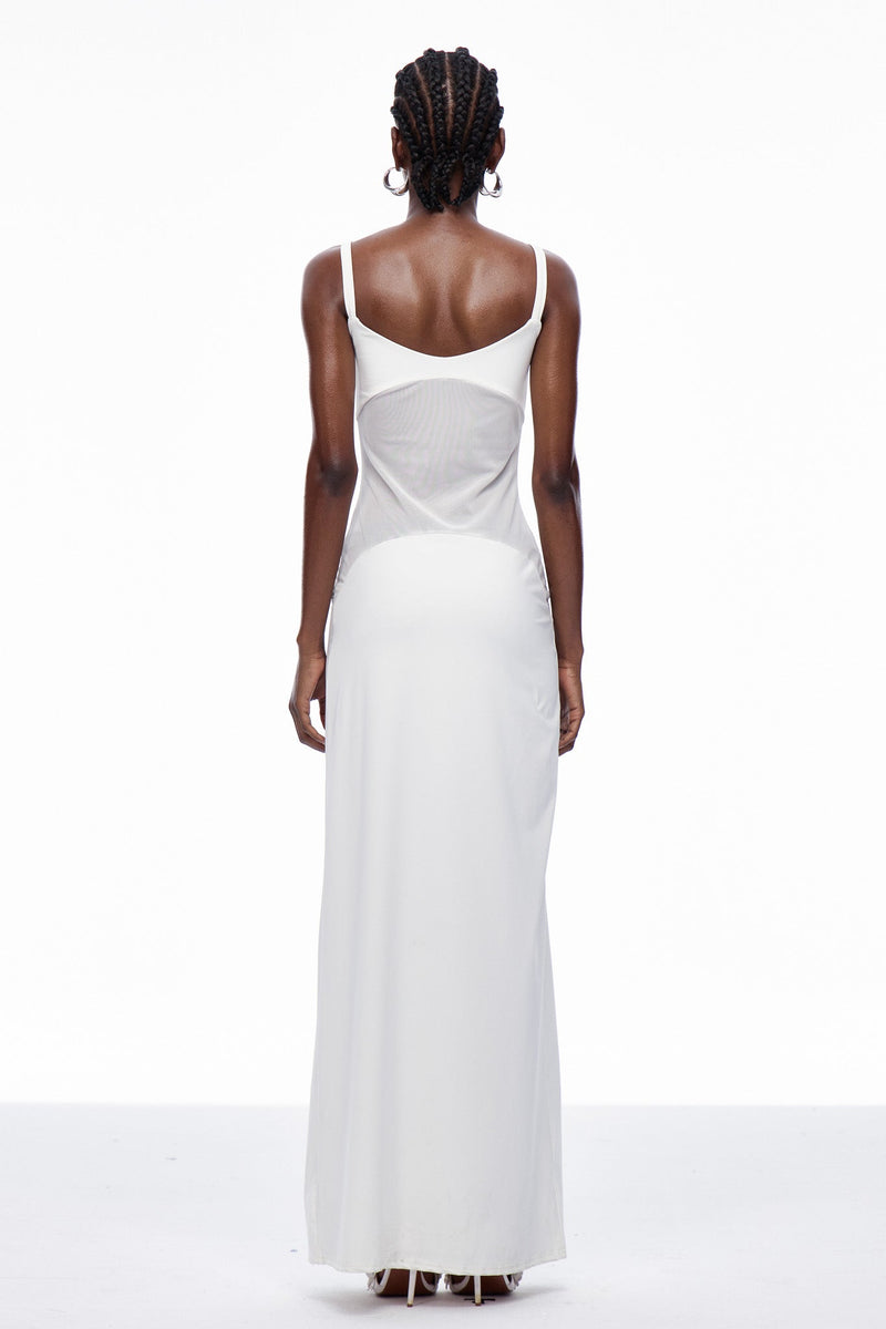 Aram Mesh Spaghetti Sleeveless Maxi Dress in White