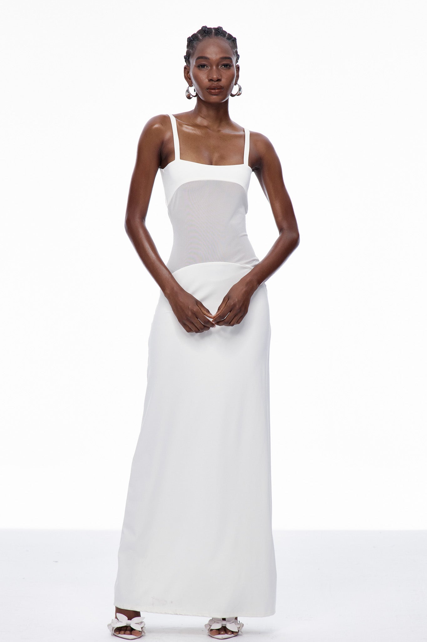 Aram Mesh Spaghetti Sleeveless Maxi Dress in White