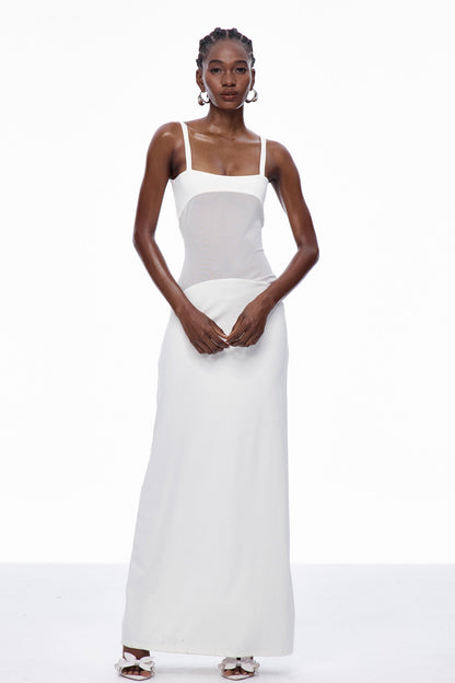 Aram Mesh Spaghetti Sleeveless Maxi Dress in White