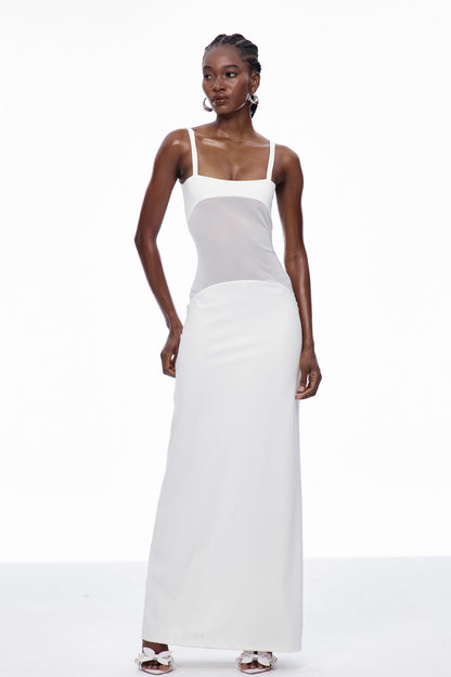 Aram Mesh Spaghetti Sleeveless Maxi Dress in White