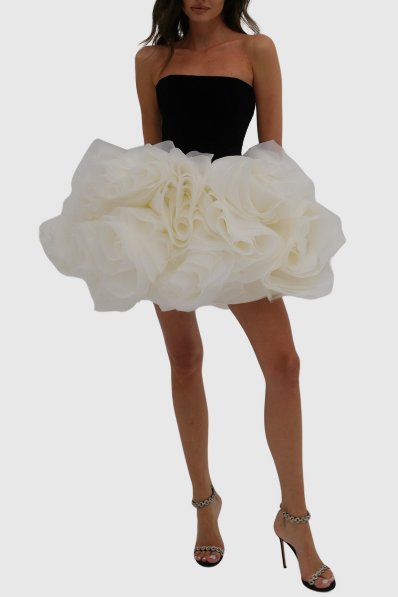 Archki Ruched Flower Strapless Mini Dress