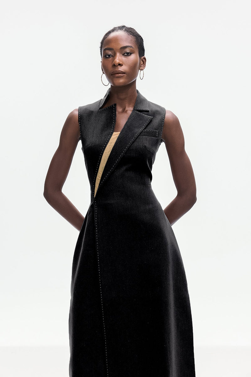 Ardon Asymmetric Split Sleeveless Maxi Dress in Black