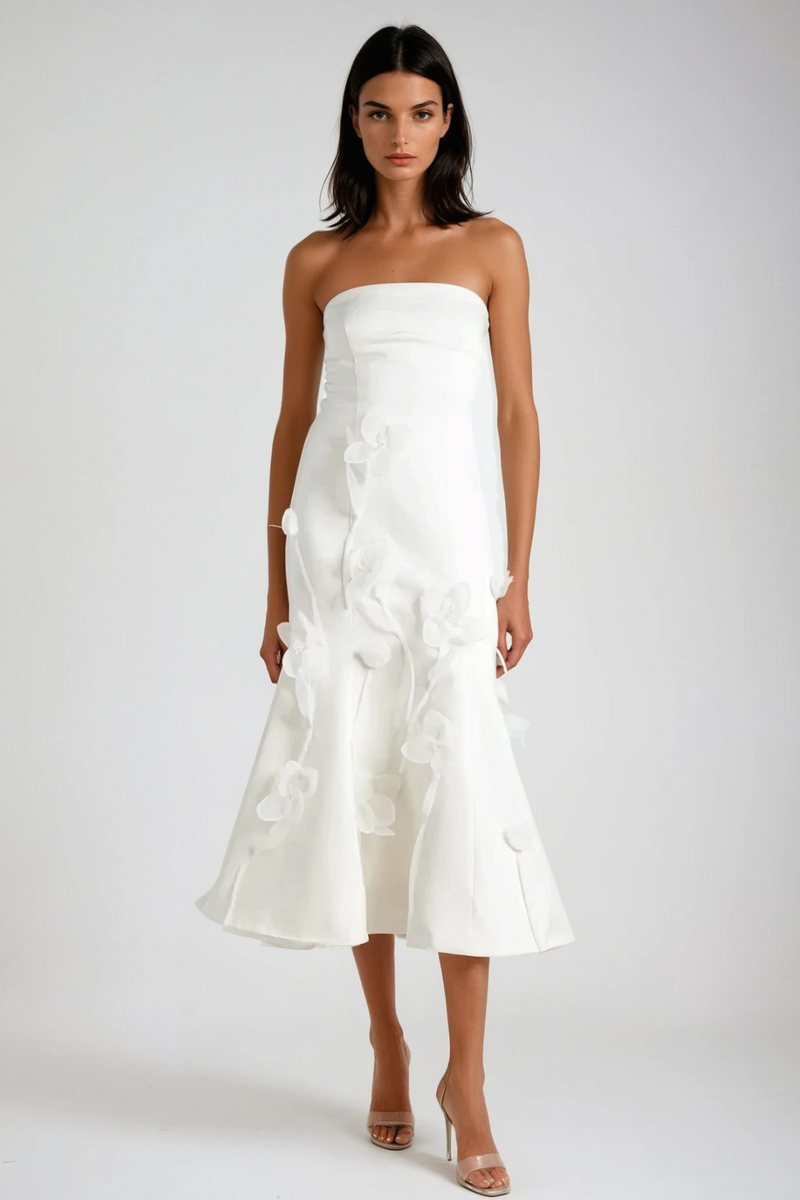 Aren Strapless Flower Ruffle Midi Dress