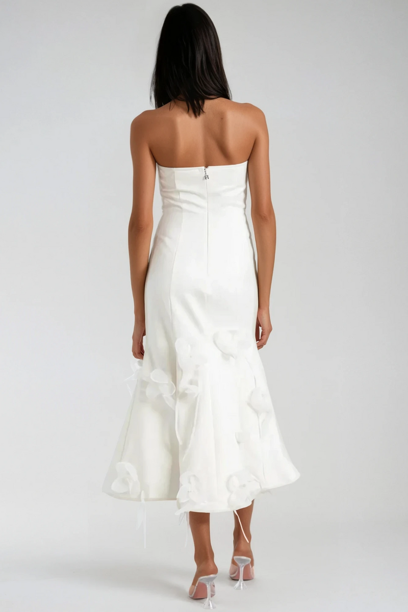 Aren Strapless Flower Ruffle Midi Dress