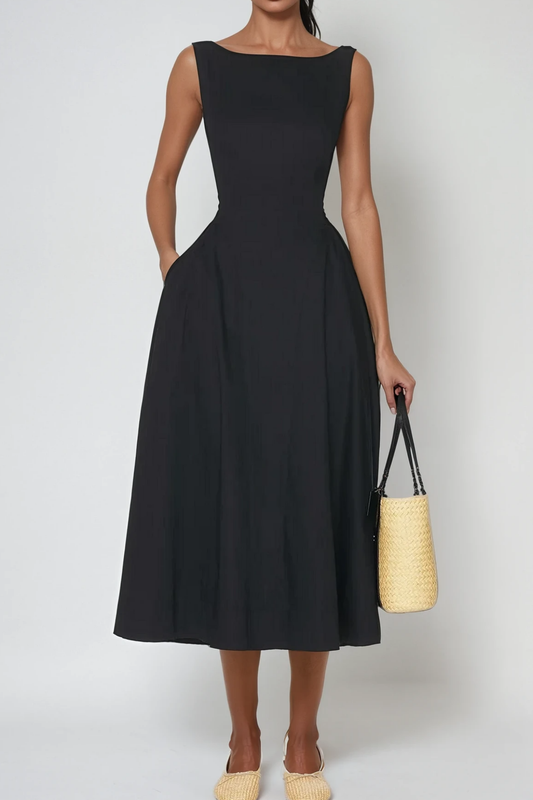 Argyle Ruffle Backless Midi Dress in Black