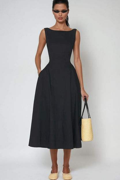 Argyle Ruffle Backless Midi Dress in Black