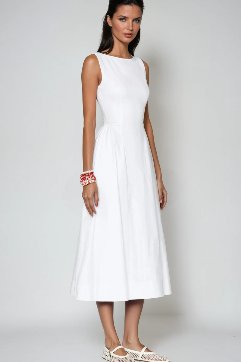 Argyle Ruffle Backless Midi Dress in White