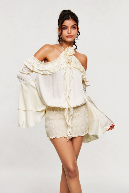 Arias Ruffle Off Shoulder Flower Mini Dress