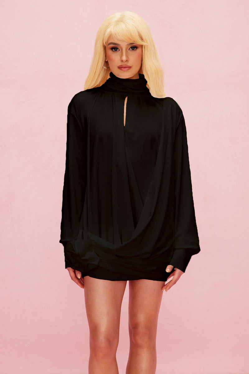 Ariella Flower Cutout Mesh Ruch Mini Dress in Black