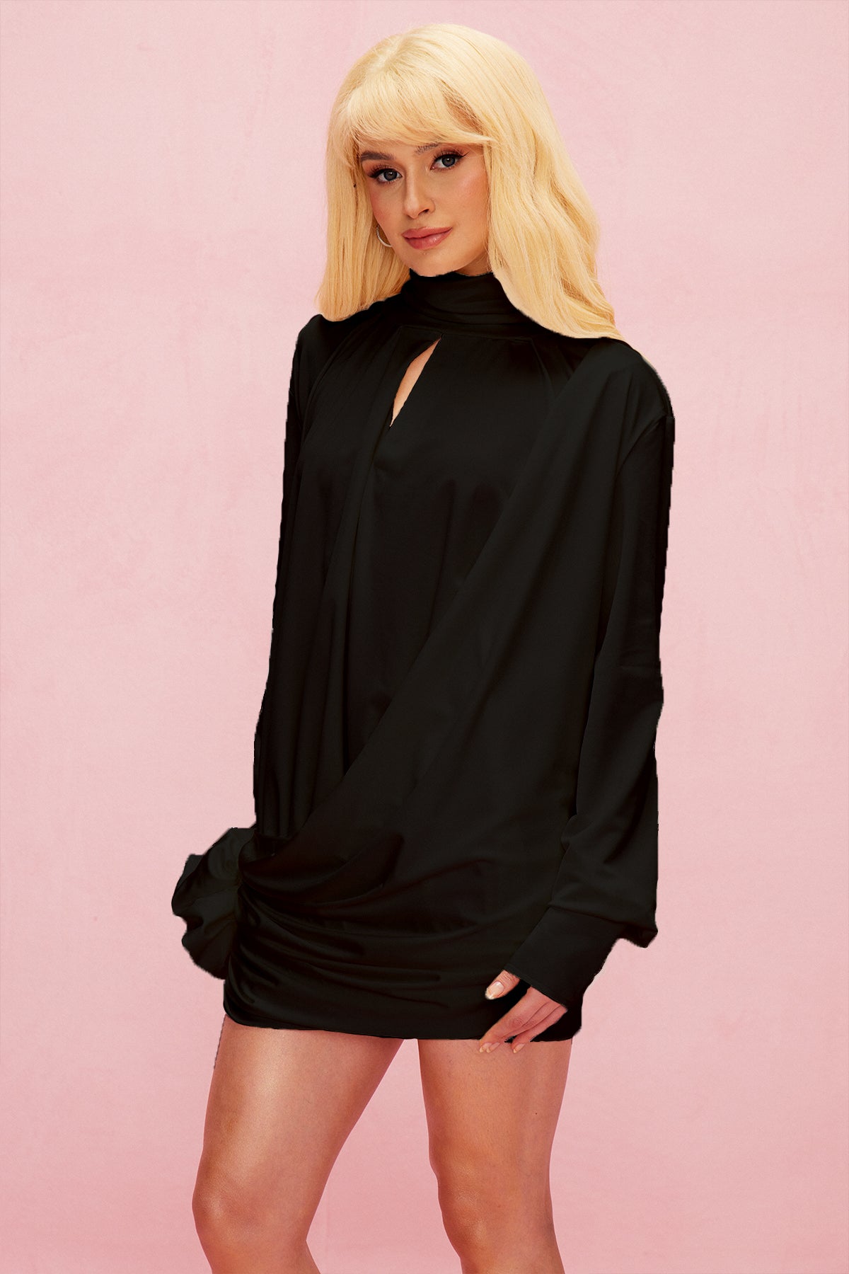 Ariella Flower Cutout Mesh Ruch Mini Dress in Black
