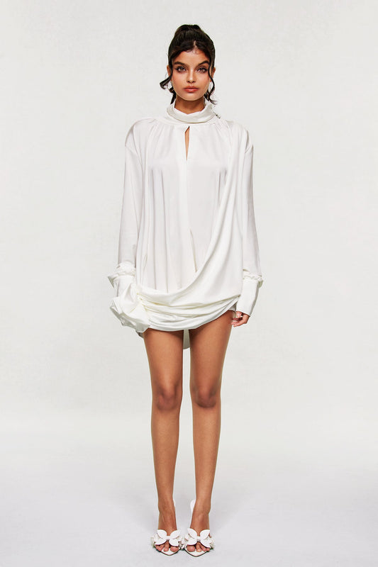 Ariella Flower Cutout Mesh Ruch Mini Dress in White