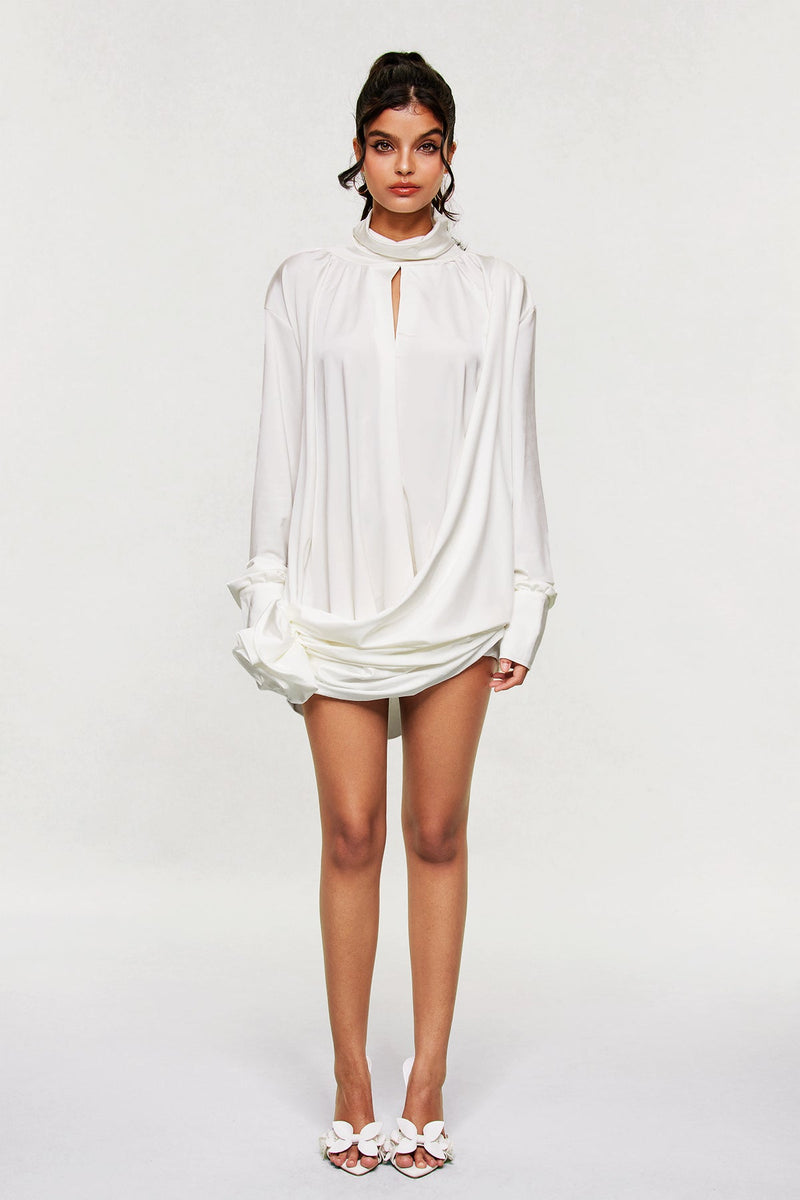 Ariella Flower Cutout Mesh Ruch Mini Dress in White