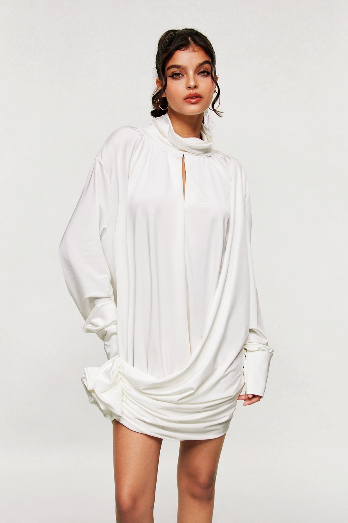 Ariella Flower Cutout Mesh Ruch Mini Dress in White
