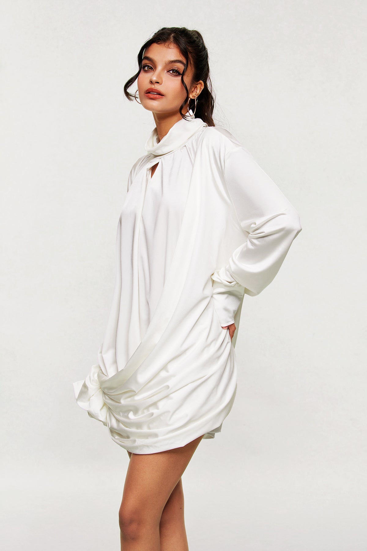 Ariella Flower Cutout Mesh Ruch Mini Dress in White