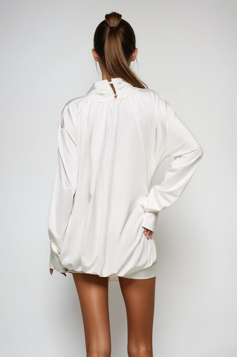 Ariella Flower Cutout Mesh Ruch Mini Dress in White