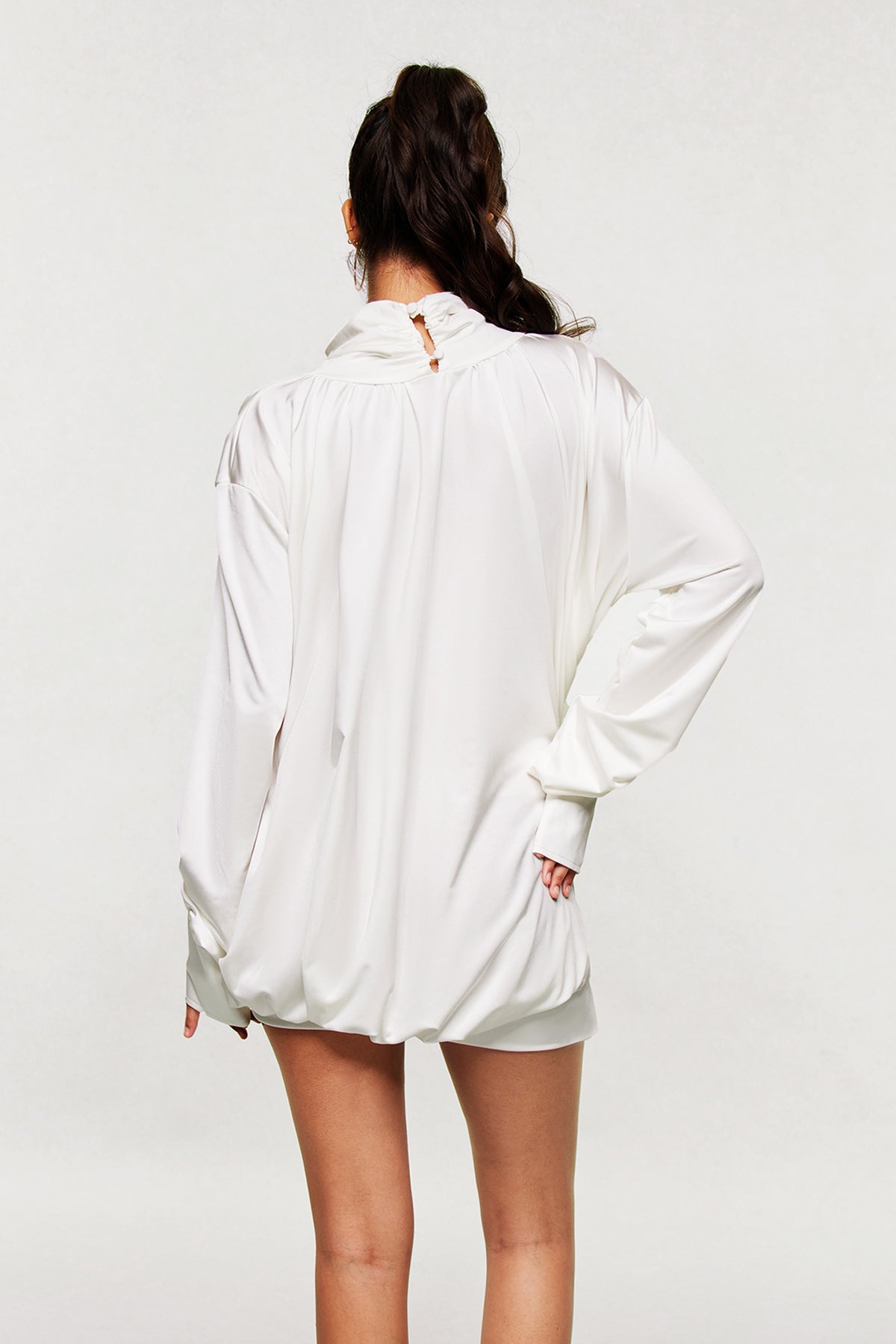 Ariella Flower Cutout Mesh Ruch Mini Dress in White