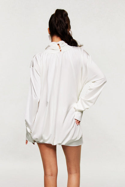 Ariella Flower Cutout Mesh Ruch Mini Dress in White