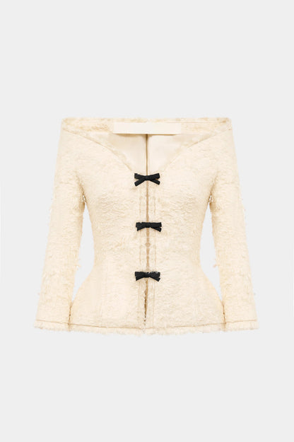 Arife Off Shoulder Bow Crystal Embellished Blazer Two Piece Set - Beige