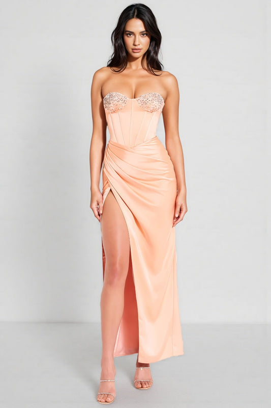 Estrela Diamond-studded Sheath Ruffle Maxi Dress
