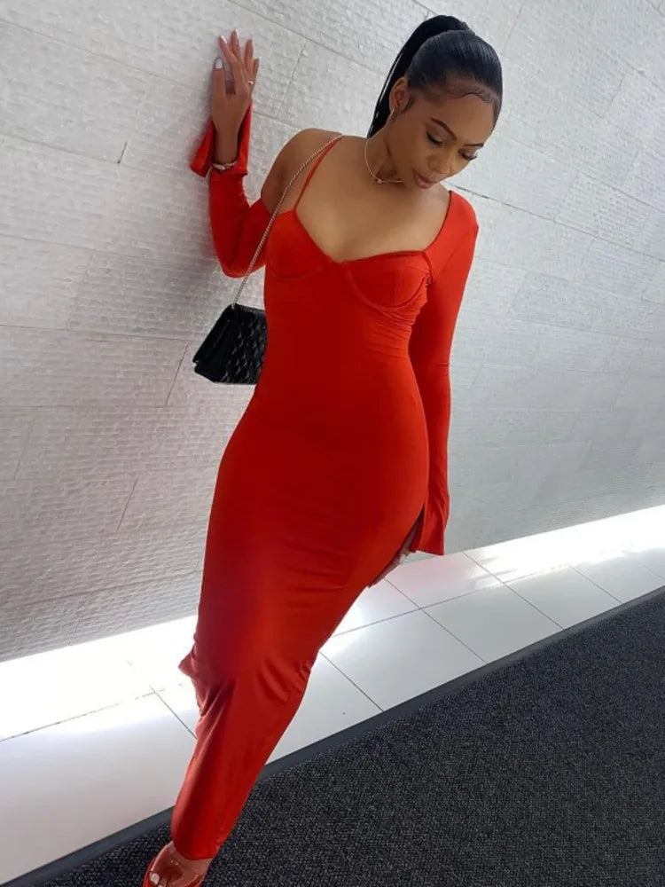 Autumn Oblique Shoulder Long Sleeve Dress for Wrap Hip Fit Irregular Long Dress Party Evening Dress