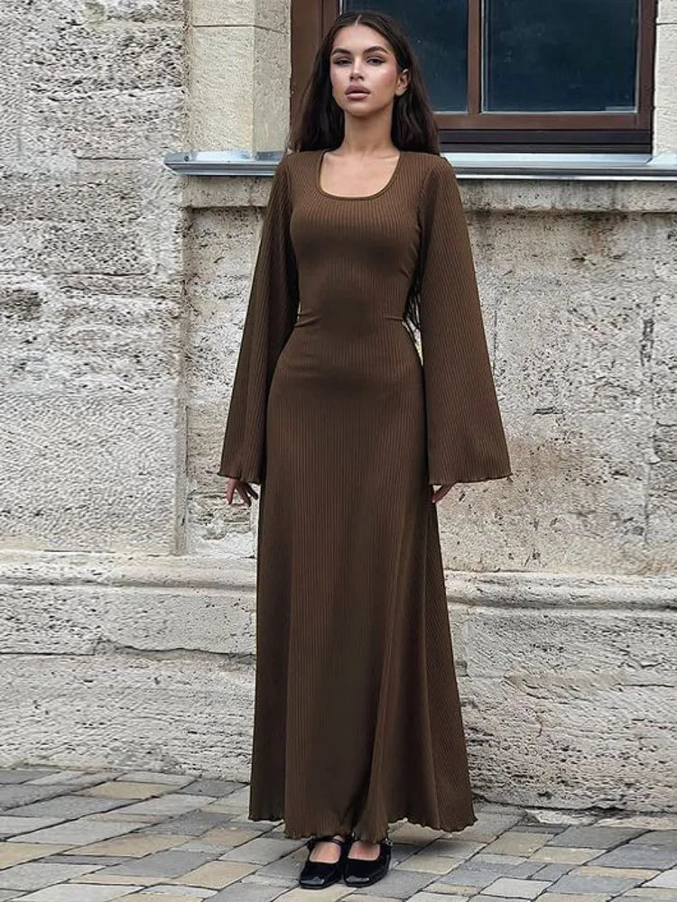 Autumn/winter New Sweater Square Neck Flare Sleeve Lace Up Waist Slim Dress Bodycon Party Club Street Clothing