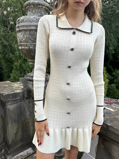 Knitted Sweater Button Elastic Slim Dress Lotus Leaf Edge Bodycon Long Sleeve Fall New Female Vestido